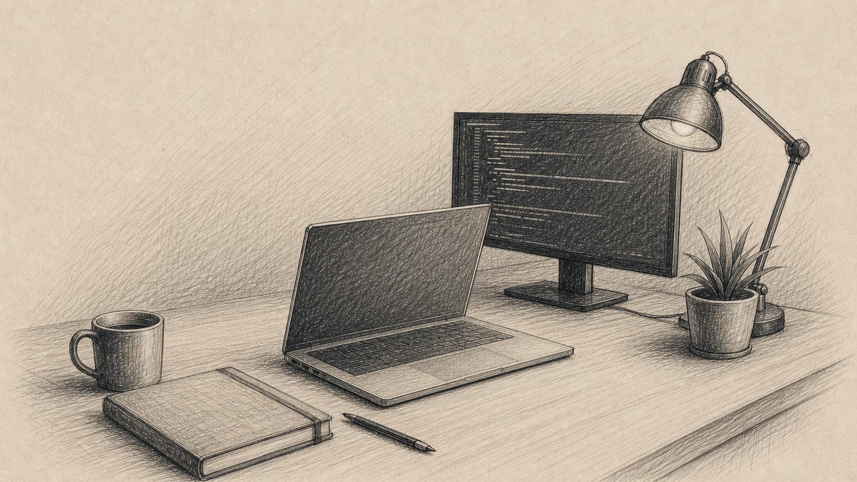 Hand-drawn developer workspace with a laptop, monitor, notebook, lamp, coffee, and plant