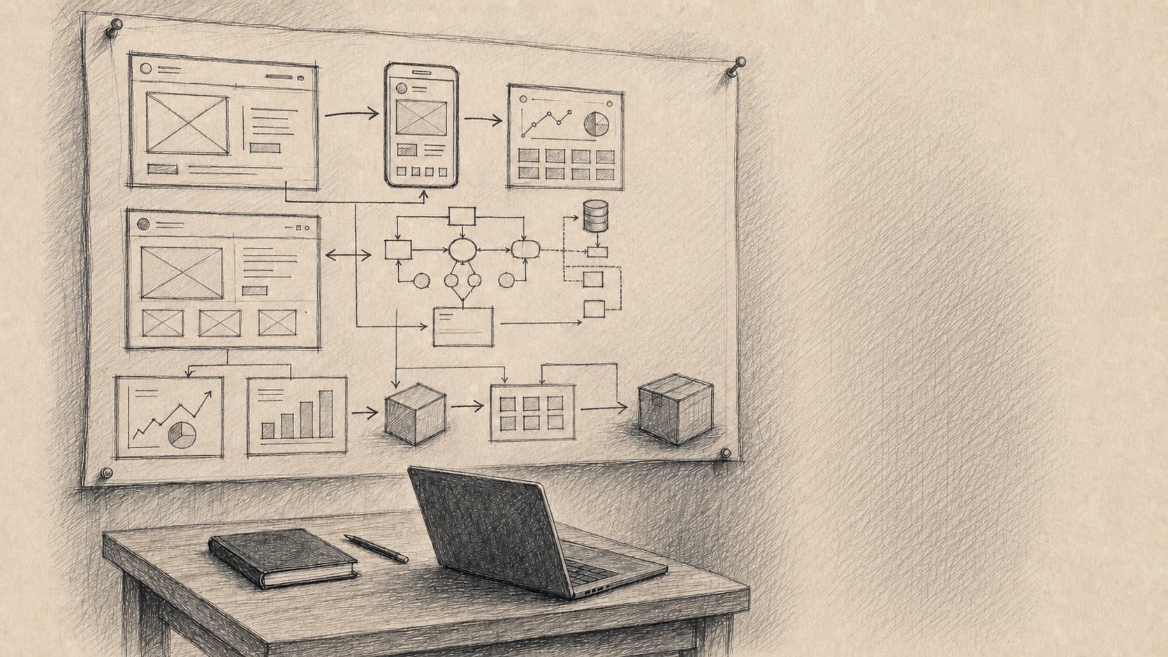 Hand-drawn product planning board with wireframes, architecture diagrams, and a laptop