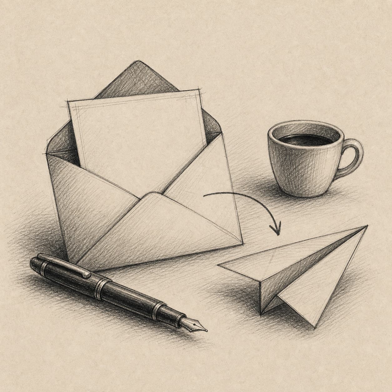 Hand-drawn envelope, blank note, fountain pen, coffee, and paper airplane