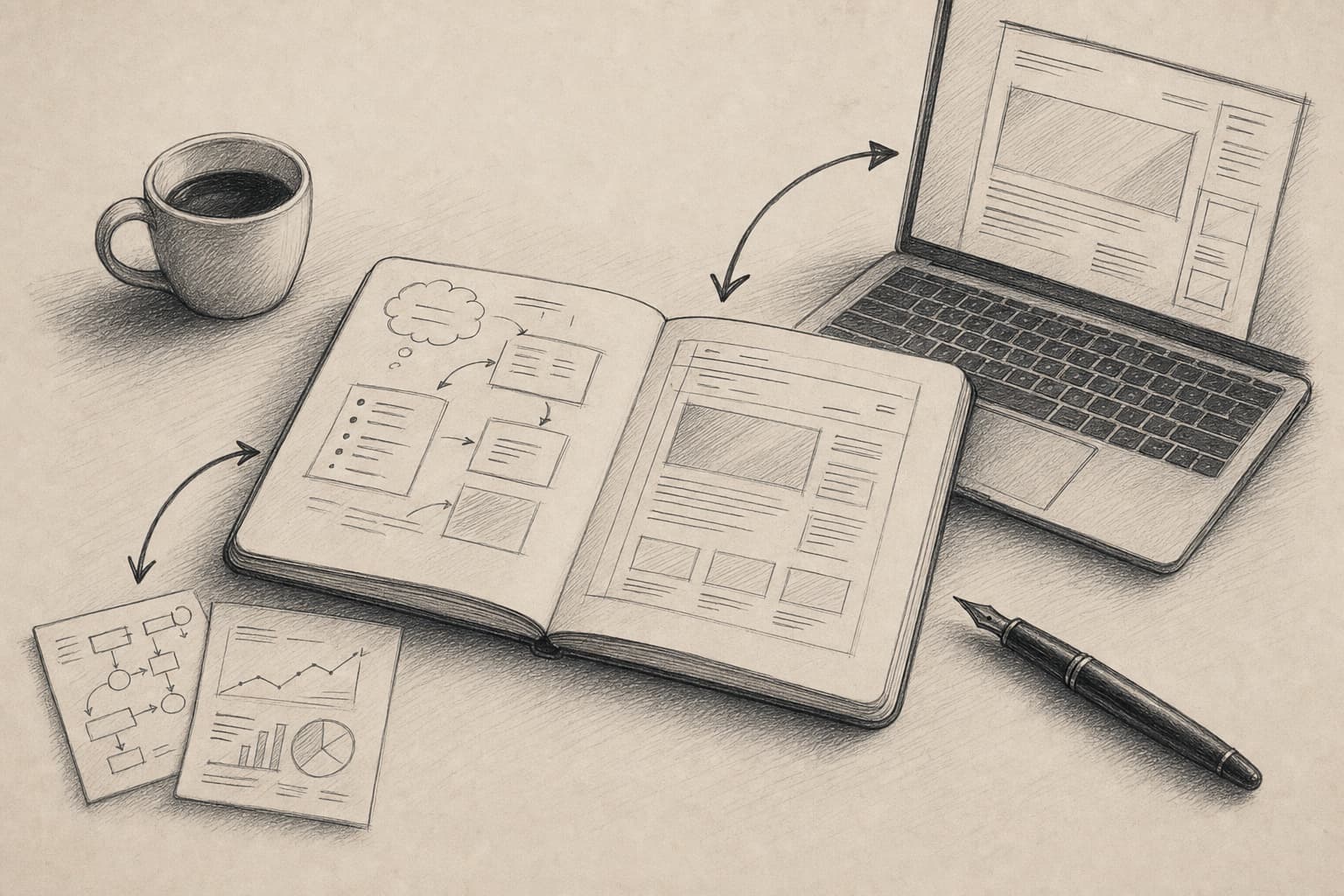 Hand-drawn writing desk showing ideas moving from notebook diagrams to a laptop